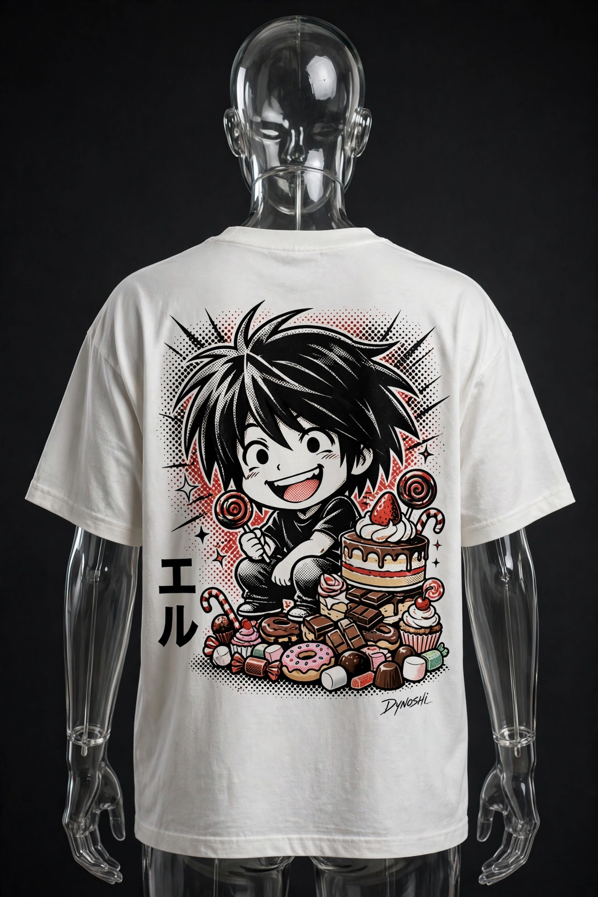 L Lawliet - Chibi Sweets Tower - Premium Oversized Anime T-Shirt - DYNOSHI