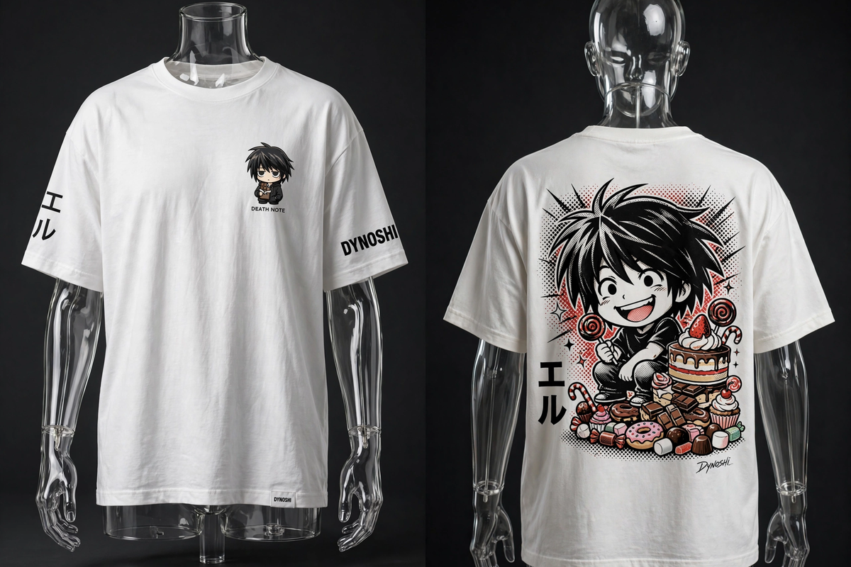 L Lawliet - Chibi Sweets Tower - Premium Oversized Anime T-Shirt - DYNOSHI
