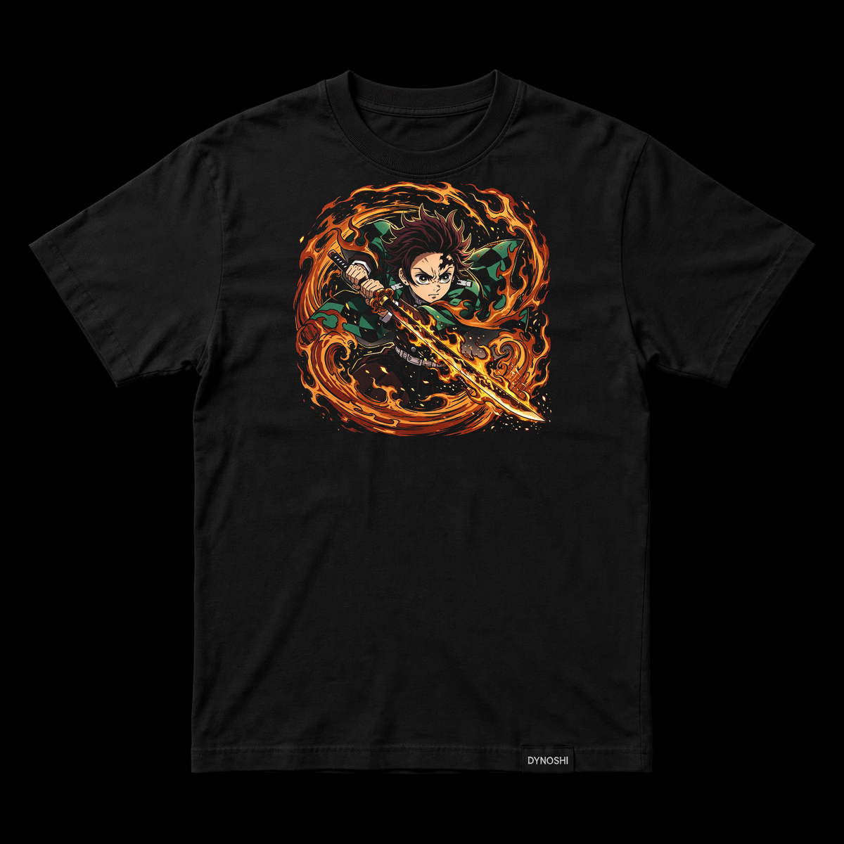 Tanjiro Kamado - Hinokami Kagura Black Tee — front view